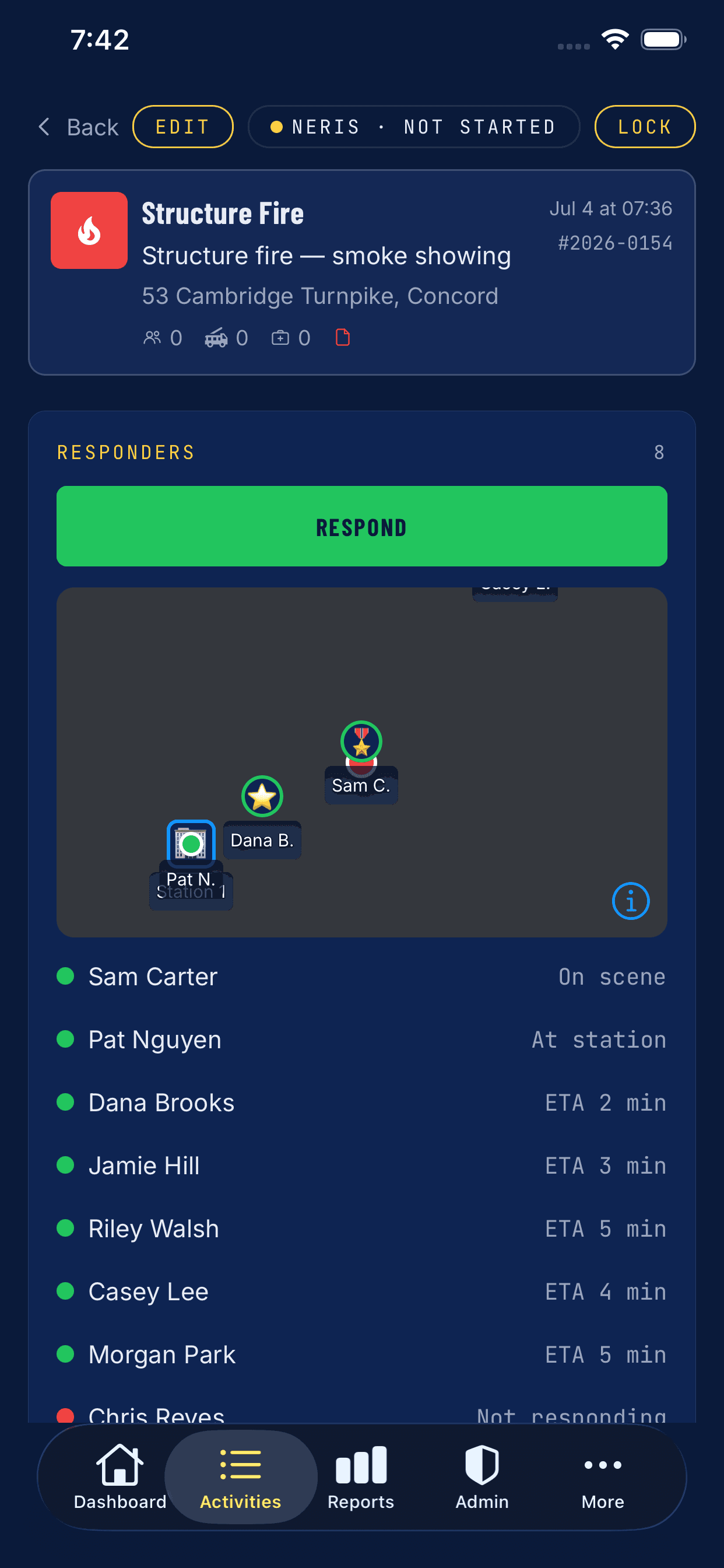 Activity detail with the responding crew on the ToneLogger mobile app