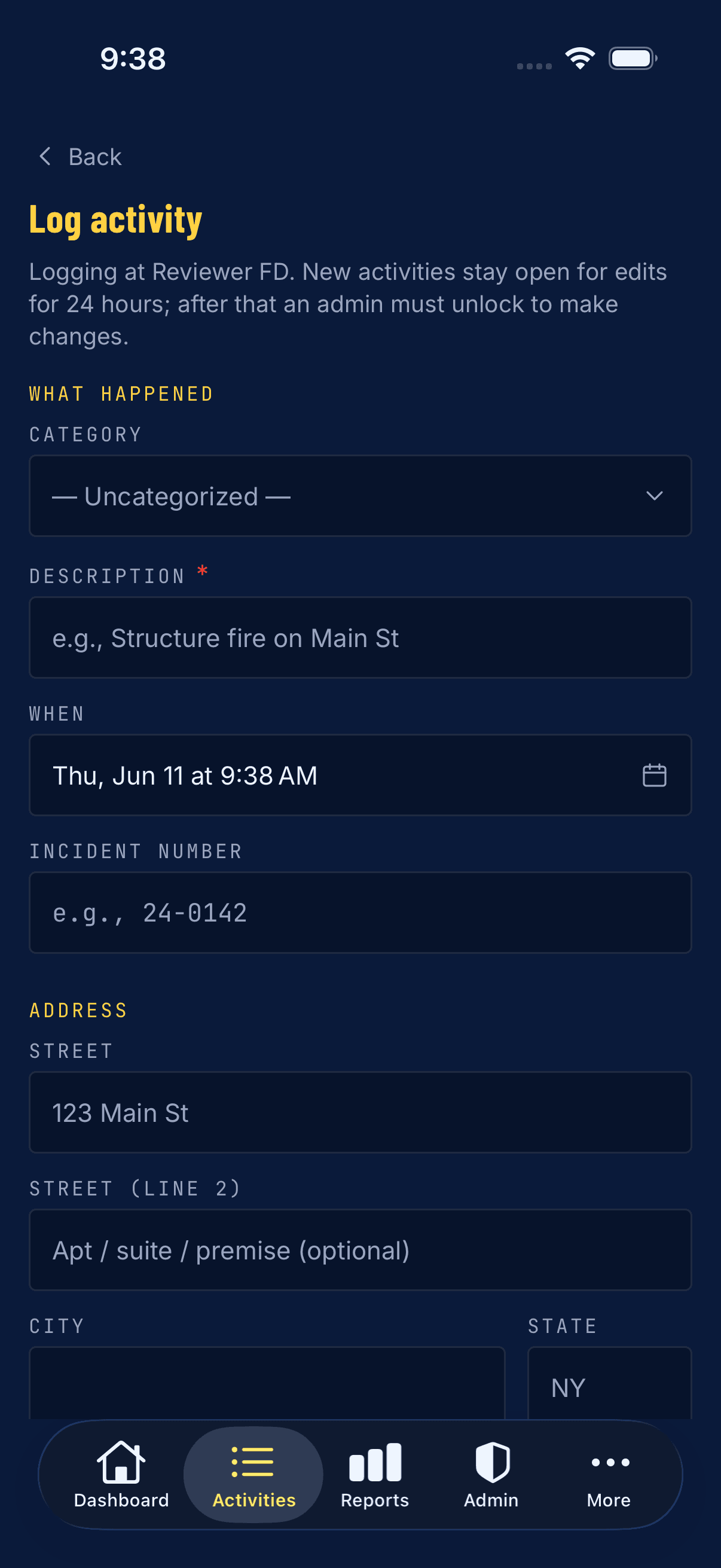 Logging an activity from the ToneLogger mobile app