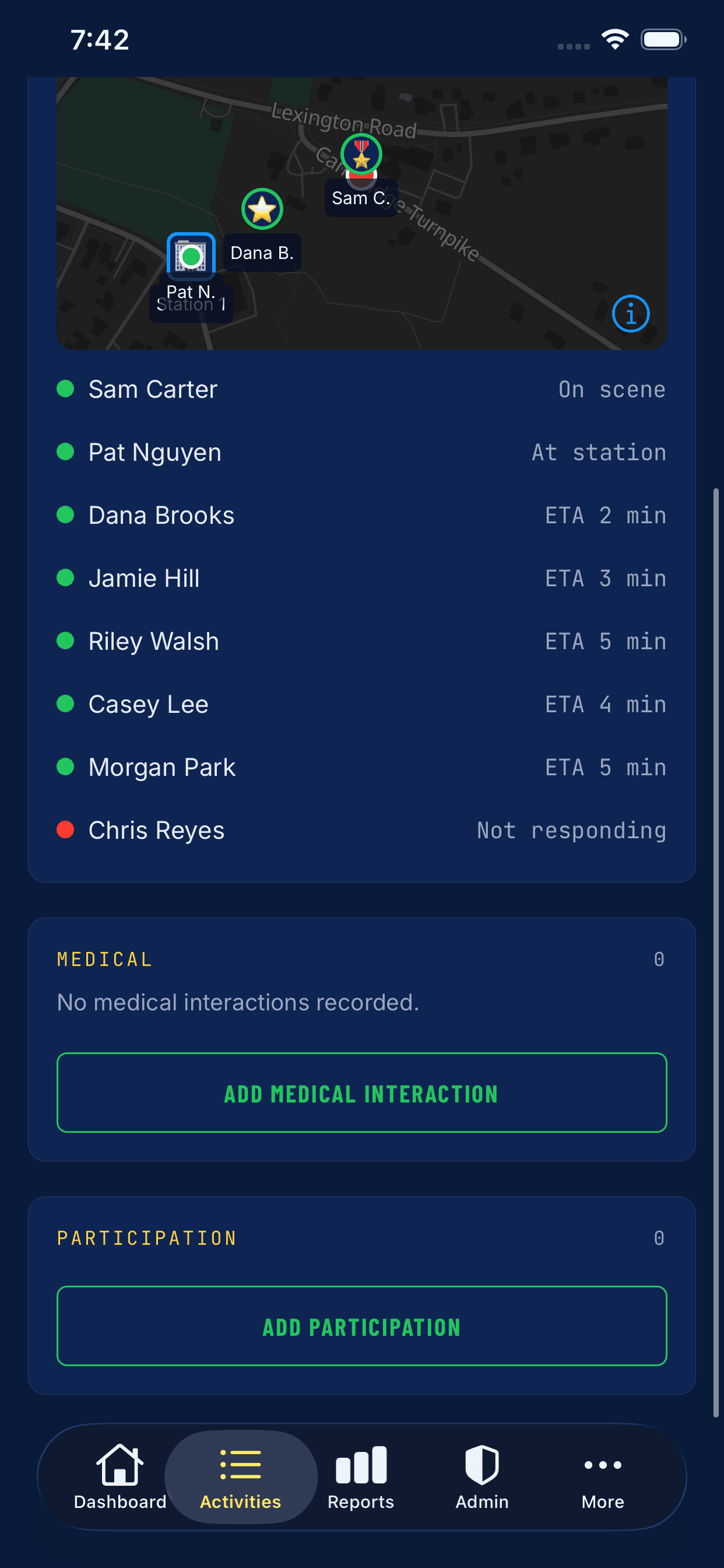 Live incident map showing responders en route with drive-time ETAs