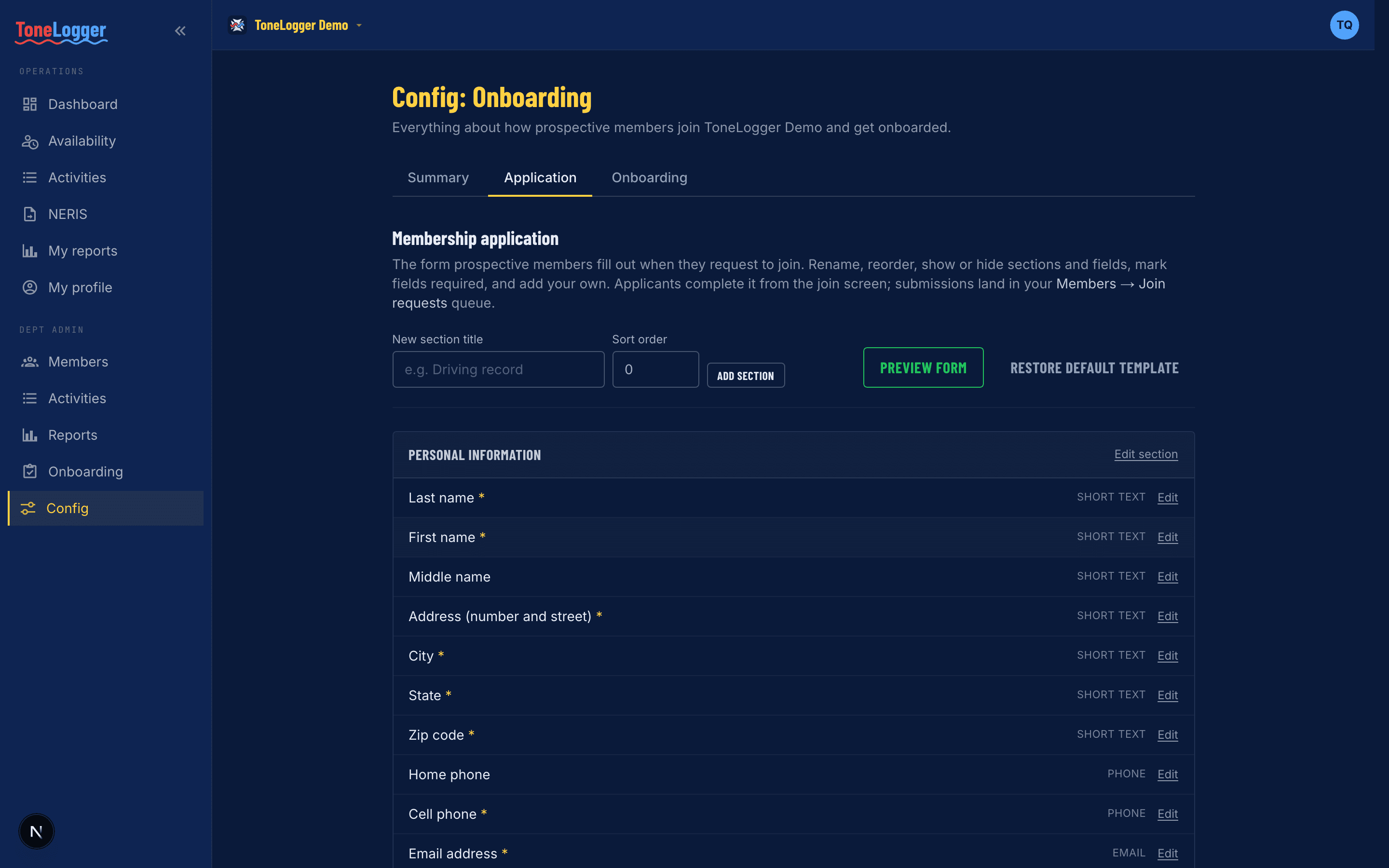 Membership application builder — chiefs reorder, show/hide, and add their own form fields