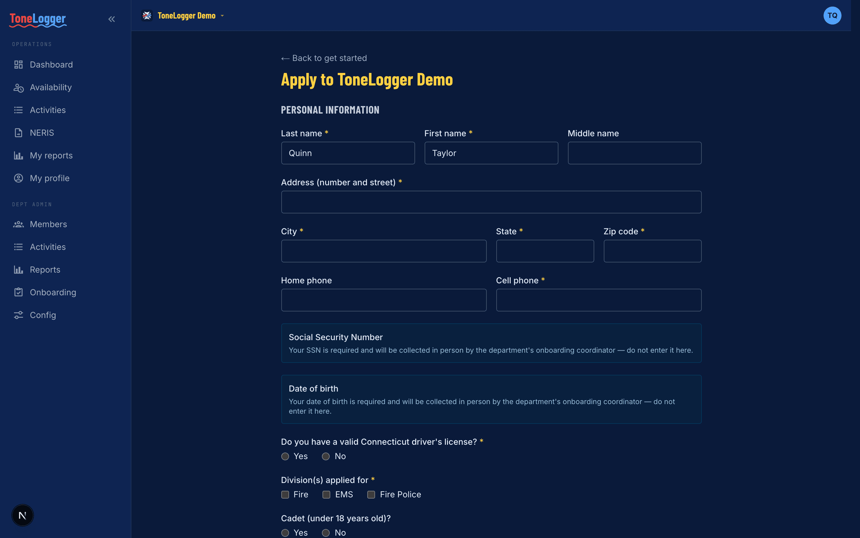 A digital membership application a prospective volunteer fills out to join a department