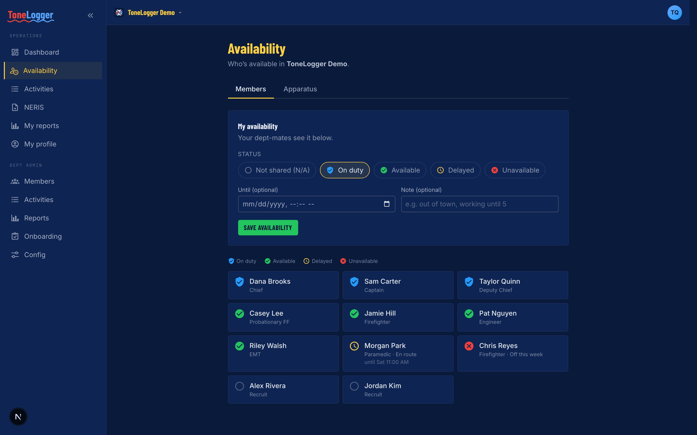 The availability board — members on duty / available / delayed / unavailable, plus apparatus in service
