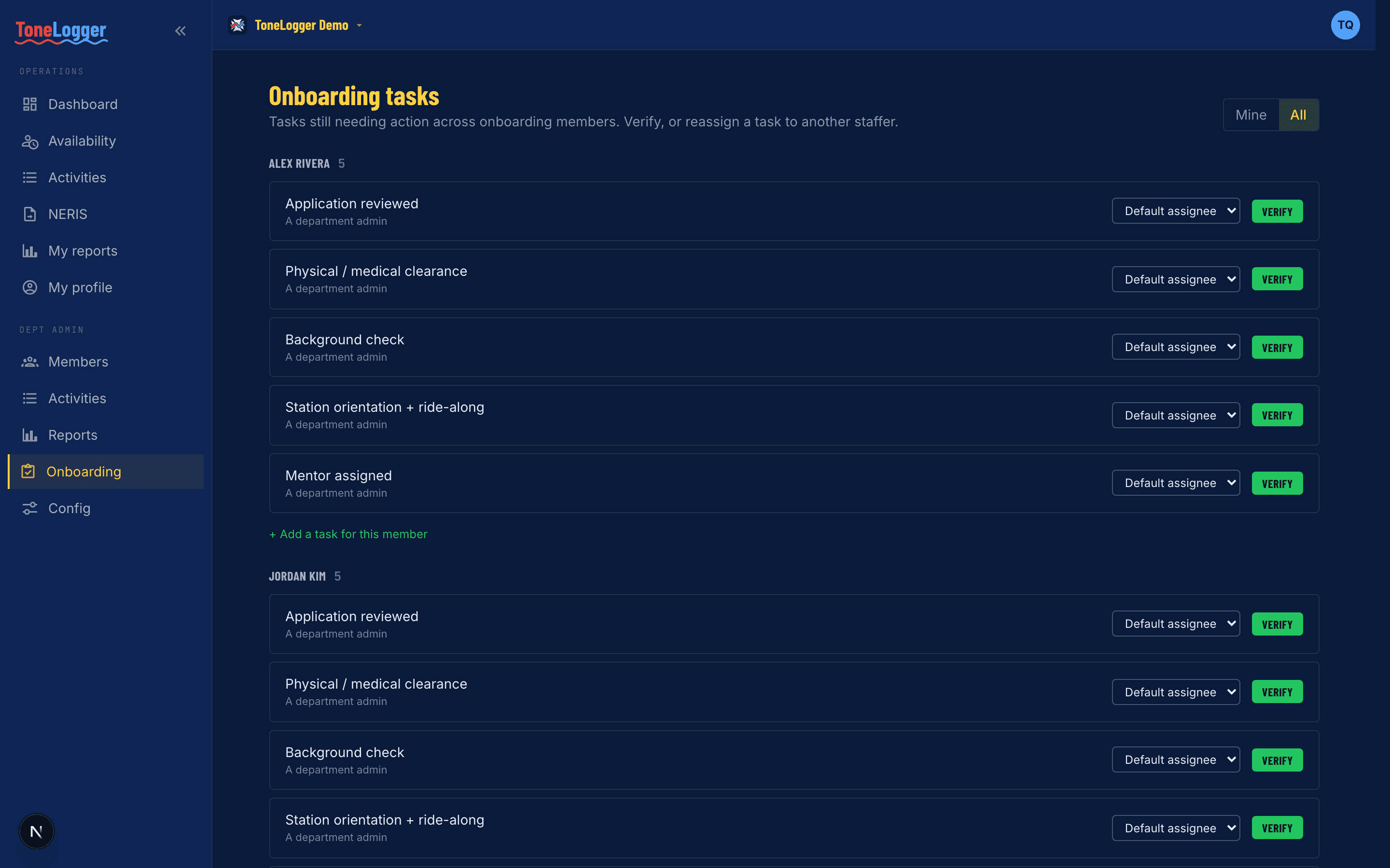 The onboarding work queue — each recruit's checklist with assignees and a verify action